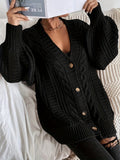 kkboxly  Plus Size Casual Cardigan, Women's Plus Solid Cable Knitted Lantern Sleeve Button Up High Stretch Sweater Cardigan