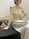 kkboxly  Solid Off Shoulder Aline Dress, Elegant Ruffle Hem Long Sleeve Slim Dress For Spring & Fall, Women's Clothing
