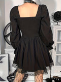 kkboxly  Lace Up Square Neck Flared Dress, Gothic Lolita Ruffle Trim Lantern Dress, Women's Clothing