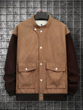 kkboxly  Men's Vintage Long Sleeves Stand Collar Color Block Button Jackets For Spring & Fall