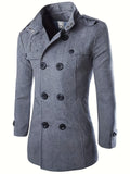 kkboxly  Men's Mid Long Wool Woolen Pea Coat Double Breasted Stand Collar Overcoat Winter Trench Coat