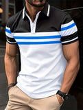 kkboxly  Horizontal Stripe Color Block Print Men's Casual Button Up Short Sleeve Polo Shirt, Men's Polo For Summer