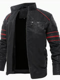 kkboxly  Men's PU Leather Jacket, Casual Stand Collar Biker Jacket With Zipper Pockets