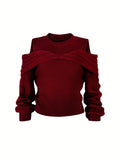 Elegant Cold Shoulder Solid Knit Sweater, Casual Crew Neck Long Sleeve Sweater, Women's Clothing