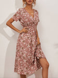 kkboxly  Floral Print V Neck Boho Dress, Slim Short Sleeve Casual Party Dress For Summer & Spring, Women's Clothing