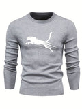 kkboxly  All Match Knitted Sweater, Leopard Pattern Men's Casual Warm Mid Stretch Crew Neck Pullover Sweater For Men Fall Winter