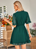 kkboxly  Swiss Dot Surplice Neck Dress, Casual Ruffle Trim Short Sleeve Dress, Women's Clothing