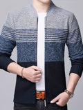 kkboxly  Color Block Warm Zip Up Jacket Sweater, Men's Casual Stand Collar Mid Stretch Cardigan For Fall Winter