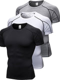 kkboxly  3pcs Men's Solid Compression T-shirt, Active Slightly Stretch Breathable Moisture Wicking Top For Outdoor