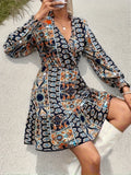 Ethnic Print Ruffle Hem Dress, Elegant V Neck Long Sleeve Dress, Women's Clothing