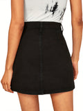 kkboxly  Black High Waist Denim Skirt, Slash Pockets High Rise Single-Breasted Button Denim Skirt, Women's Denim Clothing