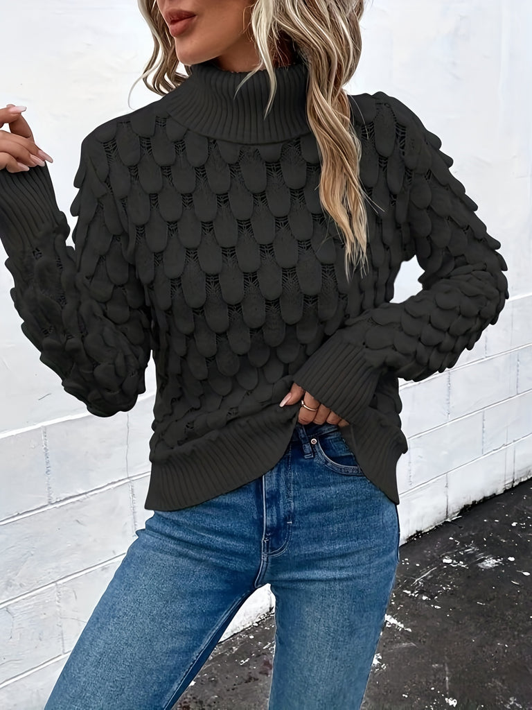 Fish Scale Turtleneck Sweater, Casual Solid Long Sleeve Knit Sweater, Women's Clothing