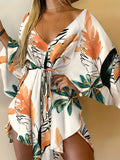 Kkboxly   Full Printed V Neck Dress, Casual Tie Waist Batwing Sleeve Dress, Women's Clothing