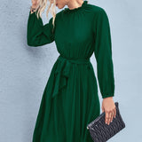 kkboxly  Women's Dresses Elegant Dress Pleated Frill Neck Flounce Long Sleeve Belted Dresses
