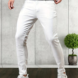 kkboxly  Contrast Stitching Slim Fit Jeans, Men's Casual Street Style Mid Stretch Denim Pants For Spring Summer