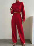 kkboxly  Solid Elegant Two-piece Set, Mock Neck Long Sleeve Top & Pants Outfits, Women's Clothing