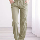 kkboxly  Plus Size Casual Pants, Women's Plus Solid Elastic Drawstring Slight Stretch Straight Leg Pants