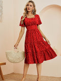 Kkboxly  Heart Print Midi Dress, Square Neck Drop Shoulder A-Line Dress, Women's Classic Casual Dresses For All Seasons, Women's Clothing