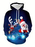 kkboxly  Christmas Elk& Santa Print Hoodie, Cool Hoodies For Men, Men's Casual Graphic Design Pullover Hooded Sweatshirt With Kangaroo Pocket Streetwear For Winter Fall, As Gifts