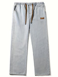 kkboxly  Men's Vintage Denim Jeans, Casual Drawstring Straight Leg Loose Pants For Outdoor