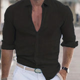 Men's Shirt Top Cotton & Linen Blend Turn-Down Collar Long Sleeves Closure Regular Fit Solid Color Male Casual Shirt For Daily