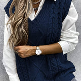kkboxly  Cable V-Neck Sweater Vests, Casual Loose Sleeveless Fall Winter Knit Sweater Vest, Women's Clothing