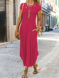 kkboxly  Solid Color Crew Neck Dress, Casual Short Sleeve Ankle Dress For Spring & Summer, Women's Clothing