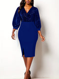 kkboxly  Elegant Skinny Shiny Dress, Long Sleeve V-neck Dress For Party & Banquet, Women's Clothing