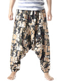 kkboxly  Ethnic Pattern Vintage Cotton Harem Pants, Men's Casual Drop Crotch Jogging Harem Pants For Spring Summer