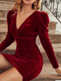 kkboxly  Solid Ruched Bodycon Dress, Elegant V Neck Long Sleeve Party Dress, Women's Clothing