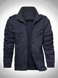 kkboxly  Men's Military Jacket Casual Cotton Utility Coat, Spring Falls Durable Army Cargo Bomber Stand Collar Multi-Pocket Jacket