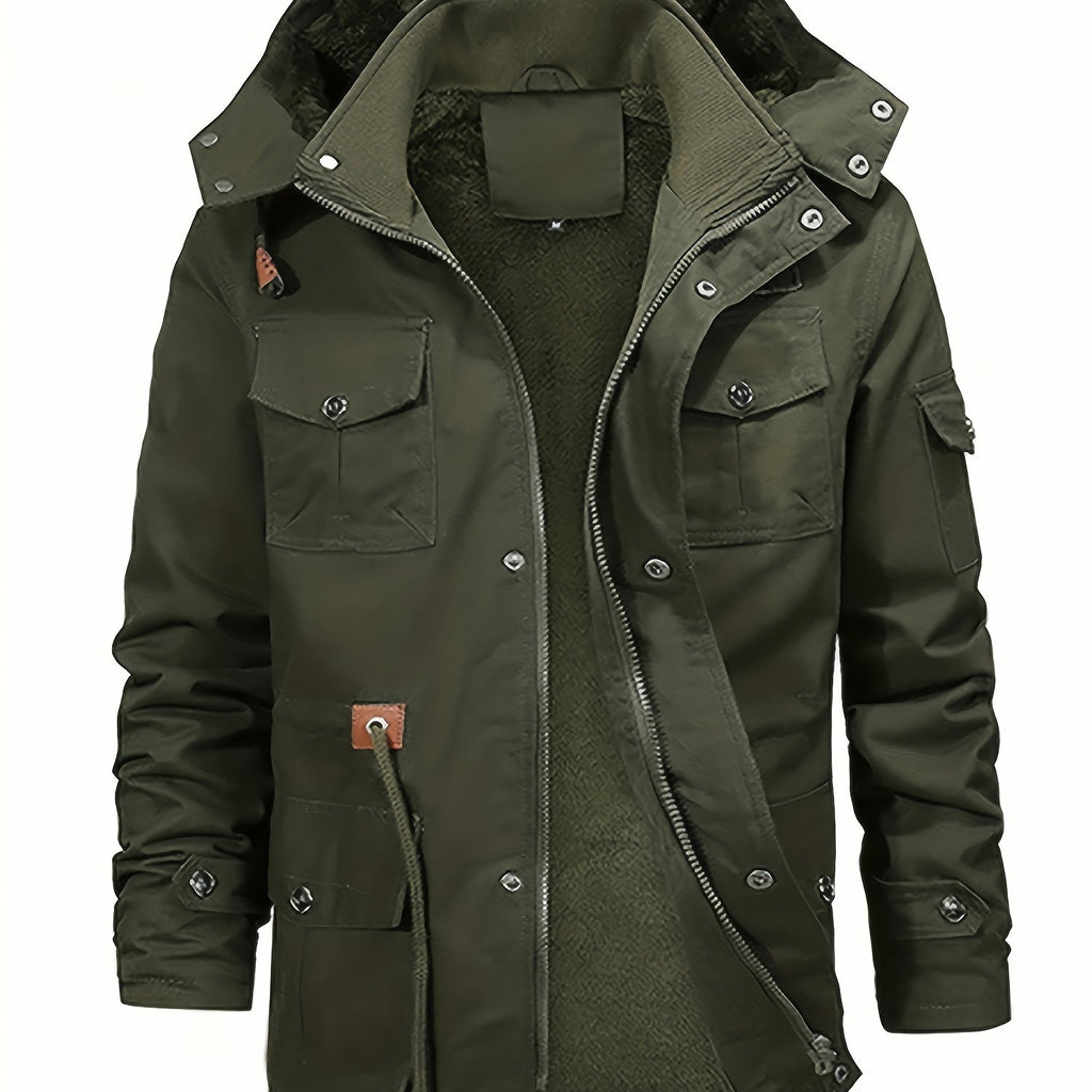 kkboxly Warm Fleece Hooded Jacket, Men's Casual Multi Pocket Jacket Coat For Fall Winter