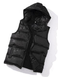 kkboxly Men's Black Thick Hooded Casual Puffer Vest, Classic Zip Up Sleeveless Padded Outerwear For Winter Men's Clothes Winter