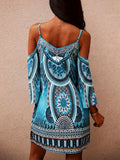 kkboxly  Ethnic Floral Cold Shoulder Dress, Boho Summer Mini Cami Dress, Women's Clothing