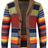 Elegant High Stretch Ethnic Retro Cardigan, Men's Casual Vintage Style V Neck Button Up Cardigan Sweater Coat For Fall Winter