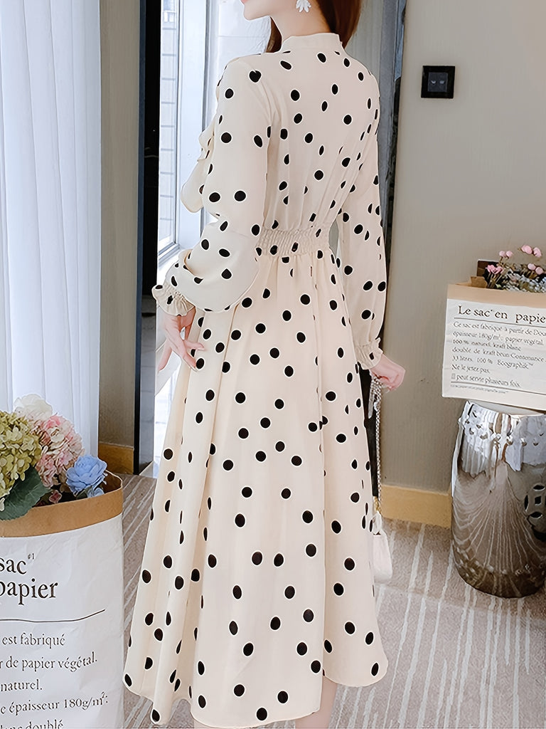 kkboxly  Polka Dot Print Bow Front Slim Dress, Long Sleeve Casual Every Day Dress For Spring & Fall, Women's Clothing