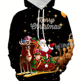 kkboxly  Christmas Elk& Santa Print Hoodie, Cool Hoodies For Men, Men's Casual Graphic Design Pullover Hooded Sweatshirt With Kangaroo Pocket Streetwear For Winter Fall, As Gifts
