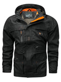 kkboxly  Multi Pocket Hooded Windbreaker Jacket, Men's Casual Quick Drying Military Jacket Coat For Fall Winter Outdoor Activities