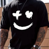 kkboxly  Men's Casual Trendy Smile Graphic Print Comfortable Crew Neck Short Sleeve T-shirts, Summer Top Tees