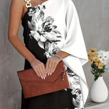 Kkboxly  Floral Print Slant Neck Off Shoulder Dress, Elegant Asymmetrical Batwing Sleeve Mini Drape Club Party Dresses, Women's Clothing