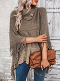 Color Block Tassel Trim Cape Sweater, Casual Asymmetrical Collar Button Sweater, Women's Clothing