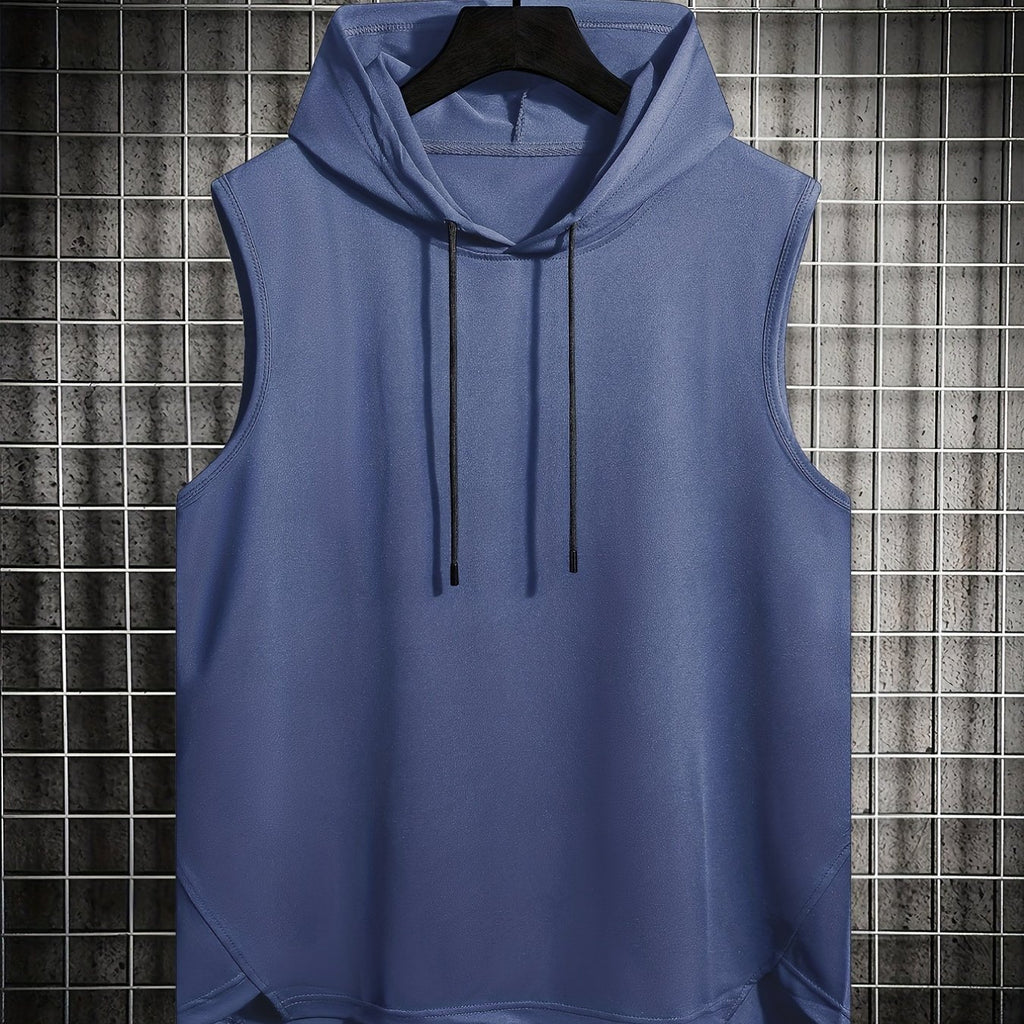 kkboxly  Mens Basic Slightly Stretch Hooded Sleeveless Drawstring Vest, Male Clothes For Summer