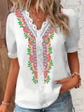 kkboxly   Floral Print Contrast Lace Blouse, Casual V Neck Short Sleeve Summer Blouse, Women's Clothing