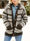 kkboxly  Tribal Pattern Button Down Knit Cardigan, Casual Long Sleeve Thick Sweater With Pocket, Women's Clothing