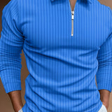 kkboxly  Vertical Stripe Men's Casual Long Sleeve Zipper Polo Shirts, Lapel Collar Tops Pullovers, Men's Clothing For Spring Autumn