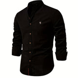 kkboxly  Solid Color Men's Cotton Long Sleeve Button Up Shirt With Stand Collar, Spring Fall