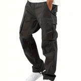 kkboxly  Trendy Solid Cotton Blend Cargo Pants, Men's Multi Flap Pocket Trousers, Loose Casual Outdoor Pants, Men's Work Pants Outdoors Streetwear Hip Hop Style