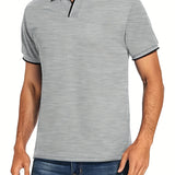kkboxly  Men's Striped Cuffs Breathable Solid Color Golf Polo Shirt, Men's Casual Button Up Collar Pullover T-Shirt Short Sleeve For Summer, Men's Clothing