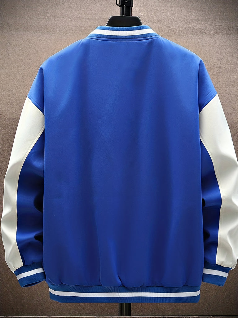 kkboxly  Letter Print Color Block Varsity Jackets, Men's Casual Baseball Collar Jacket Coat For Spring Fall