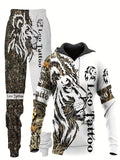 kkboxly  Plus Size Men's Wolf & Letters Graphic Print Sweatshirt & Sweatpants Set For Sports/outdoor/workout, Spring/autumn 2Pcs Tracksuit For Big & Tall Males, Men's Clothing